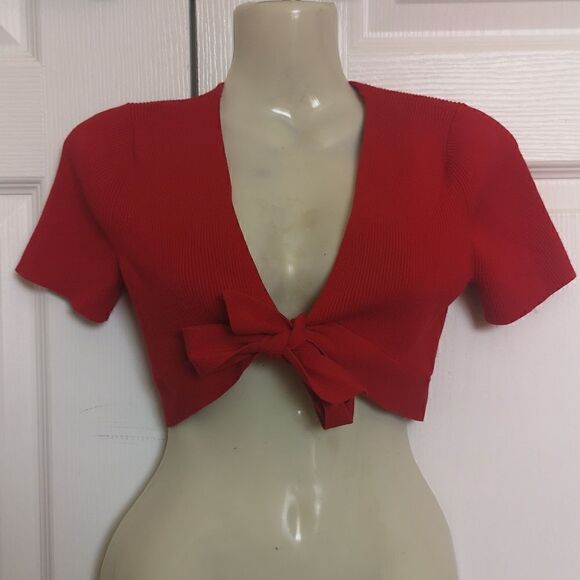 Wilfred Ladies Ribbed Tie Front Crop Top Small Red - Picture 3 of 16